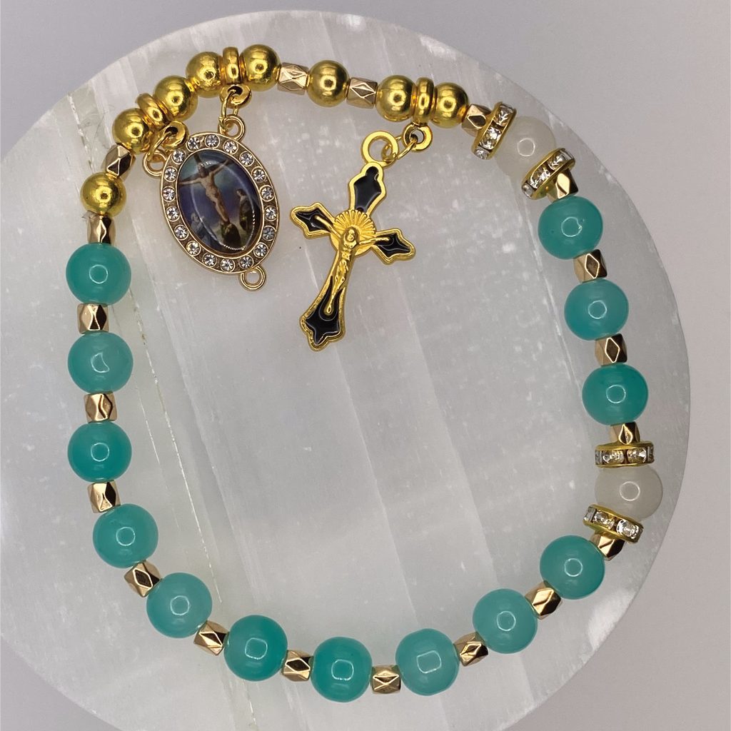 Teal White 1 Decade Gold Rosary Bracelet