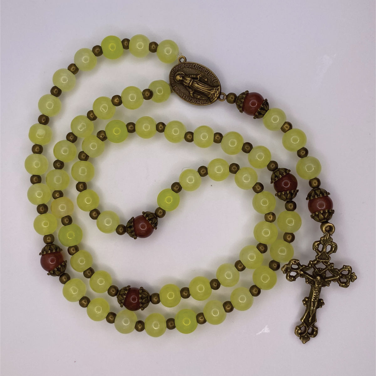 Lime Yellow Brown Spacer Full 5 Decade Bronze Rosary
