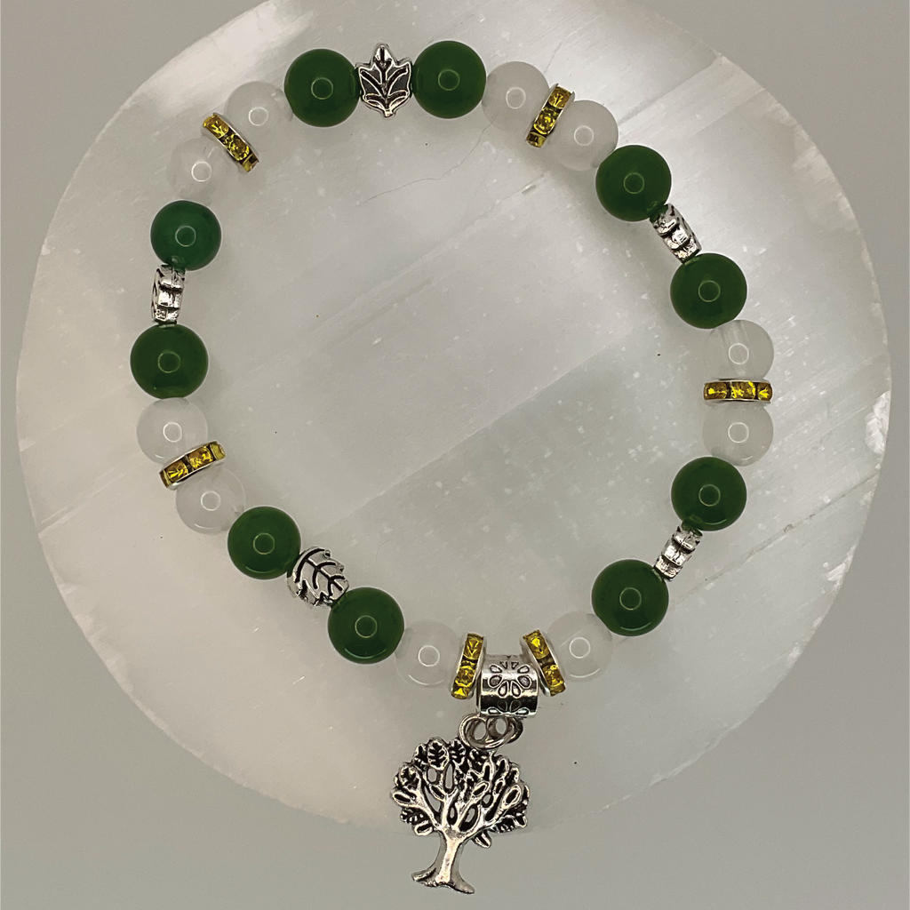 Green Chalcedony Milky Quartz Tree of Life Charm Bracelet with Yellow Crystal Silver Spacers