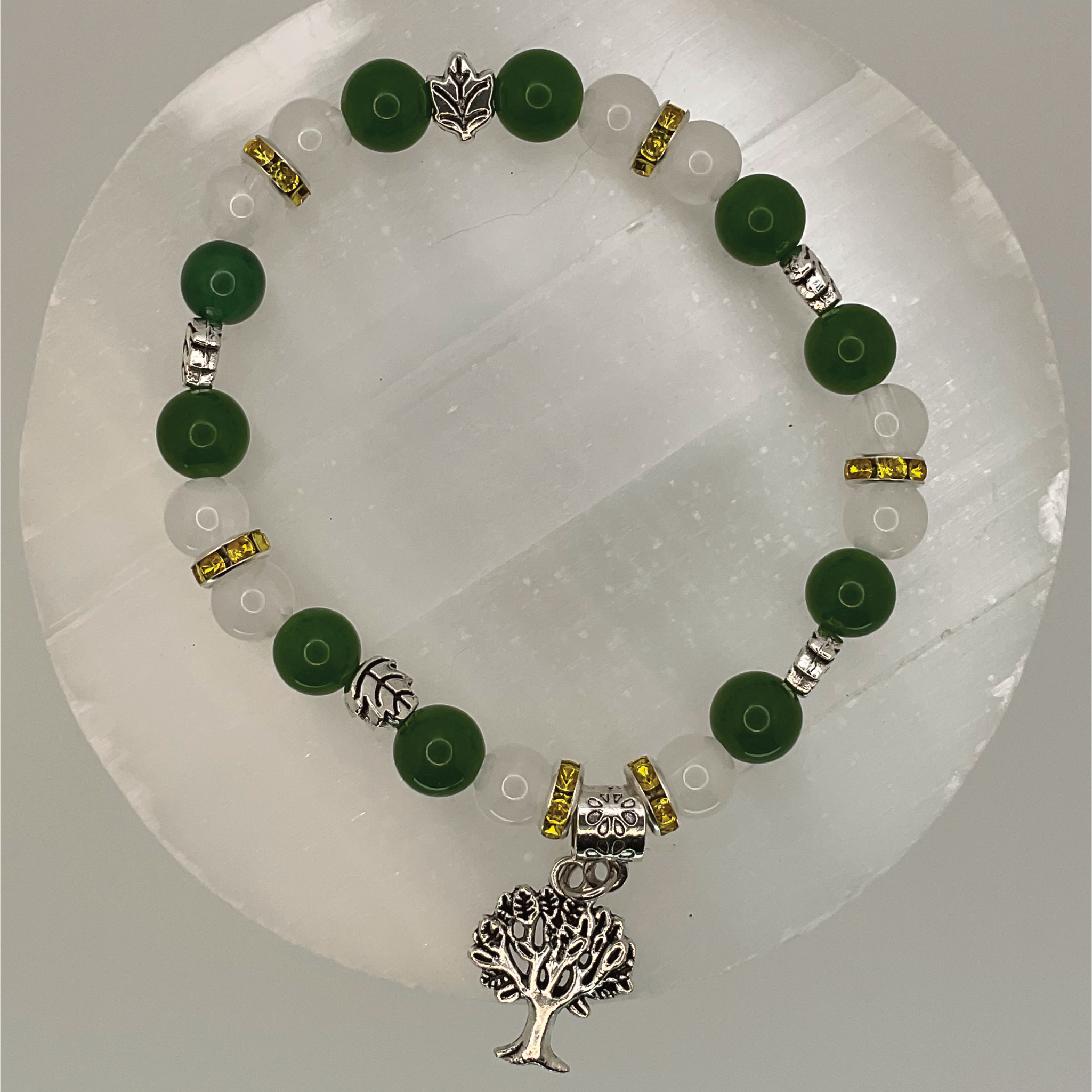 Green Chalcedony Milky Quartz Tree of Life Charm Bracelet with Yellow Crystal Silver Spacers