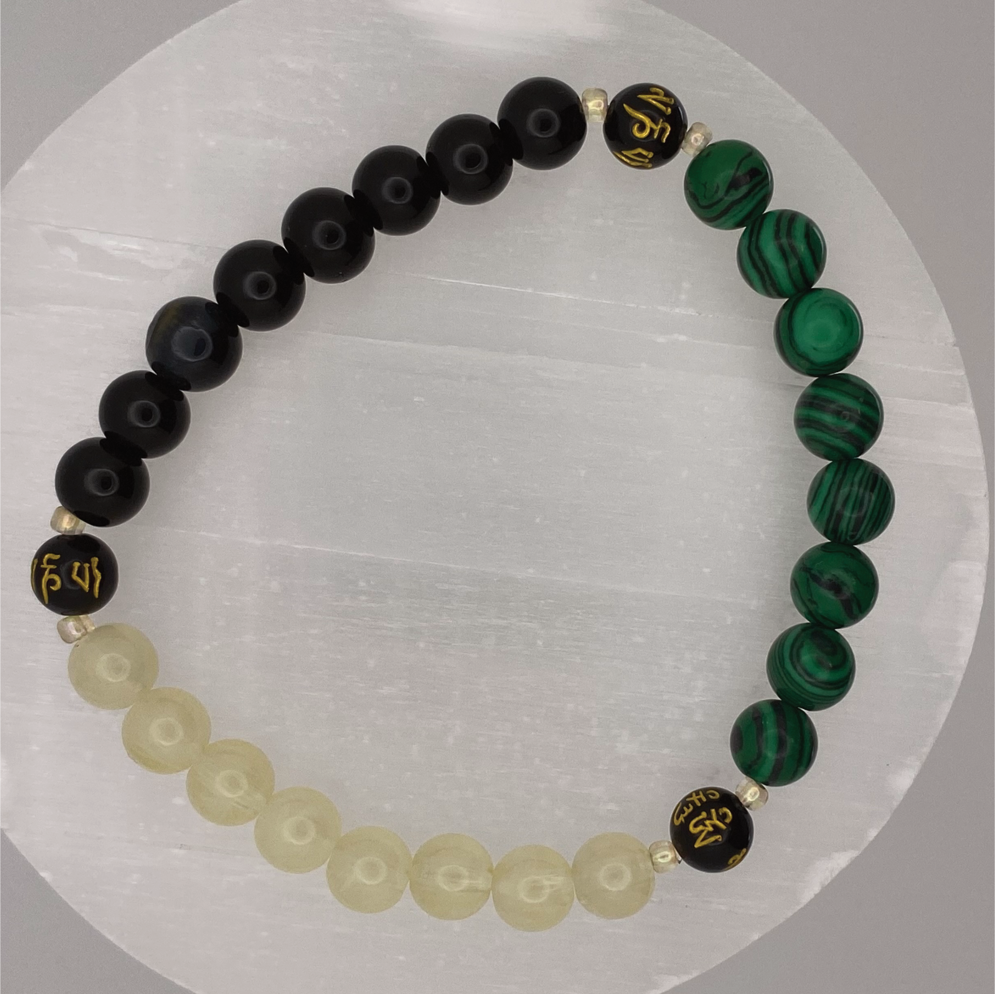 Pulsera Pixiu de Prehnita, Ágata Negra, Malaquita y Citrino con Espaciadores de Plata