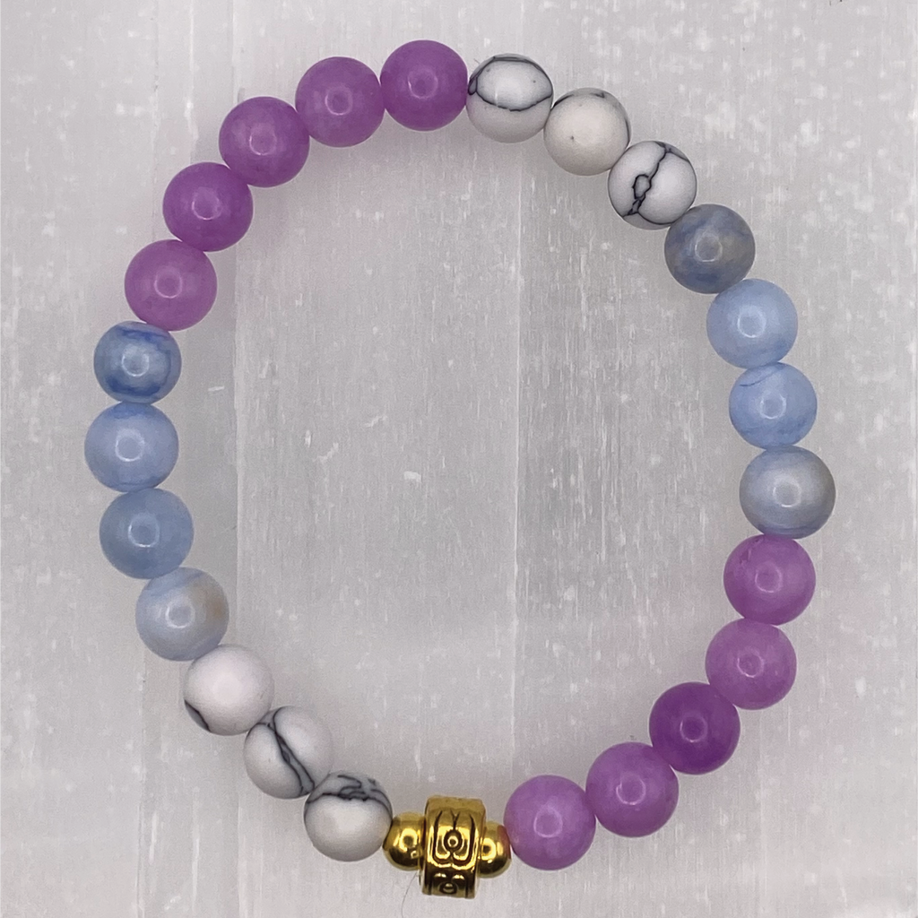 14 cm (5.5") Phosphosiderite Blue Chalcedony Magnesite Bracelet with Gold Barrel and Spacers