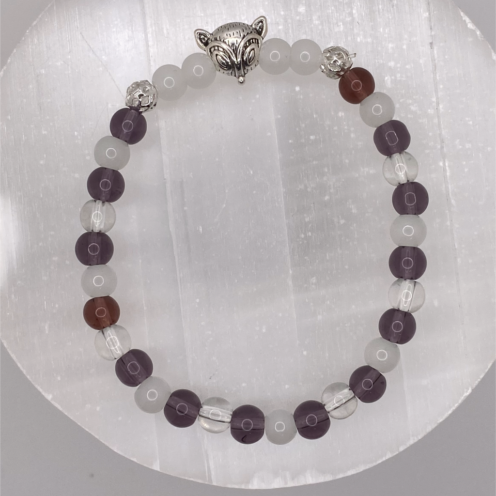 Clear and Milky Quartz Amethyst Fox Charm Bracelet with Silver Tone Spacers