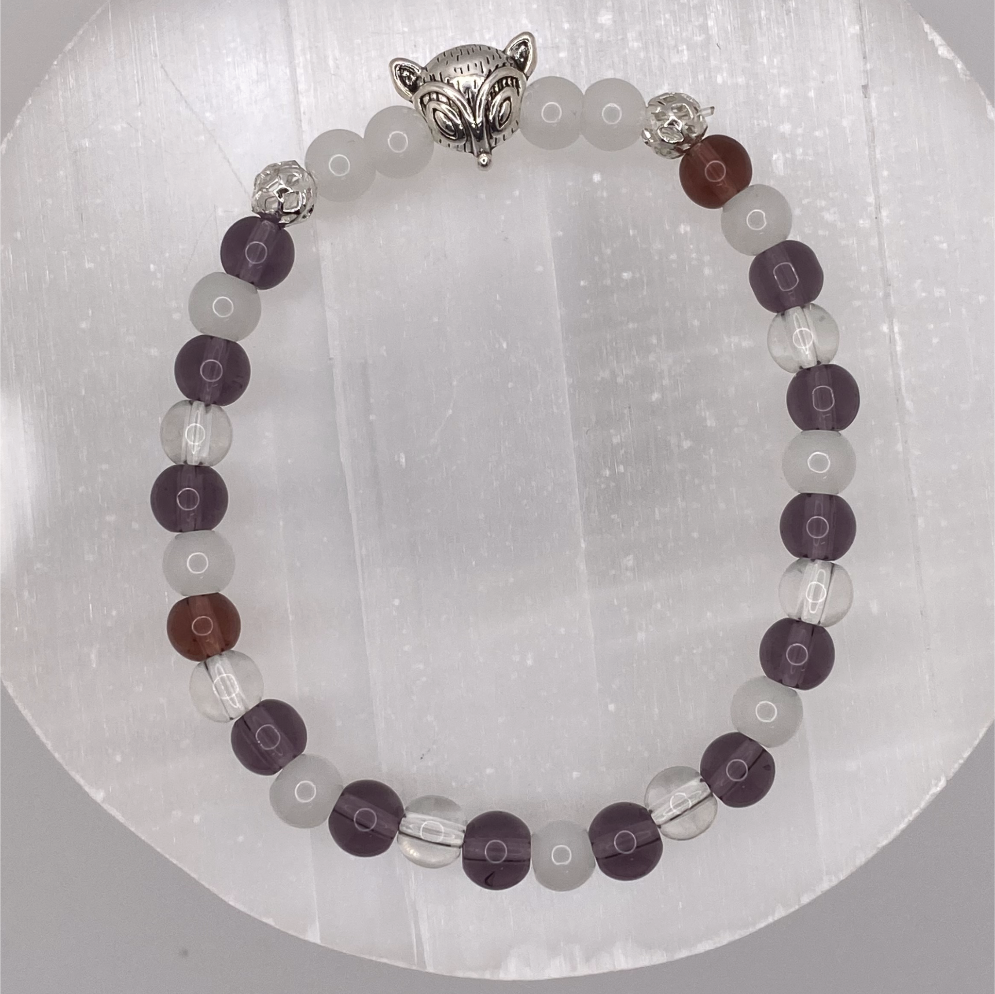 Clear and Milky Quartz Amethyst Fox Charm Bracelet with Silver Tone Spacers