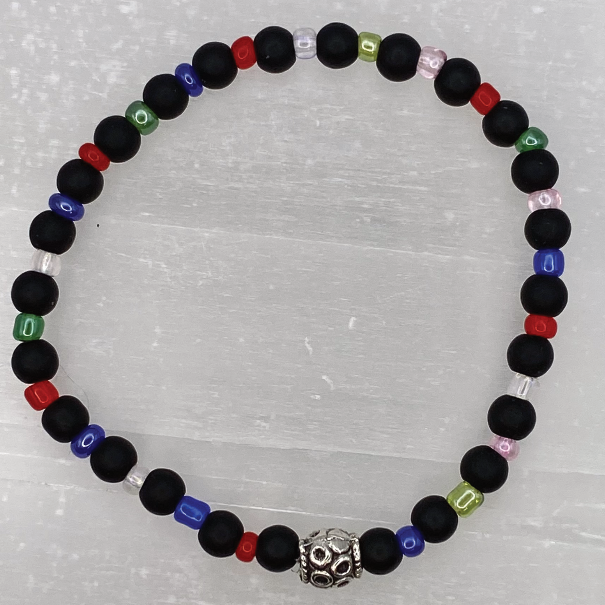 14 cm (5.5") Black Agate Silver Barrel Bracelet with Multi Colored Crystal Spacers