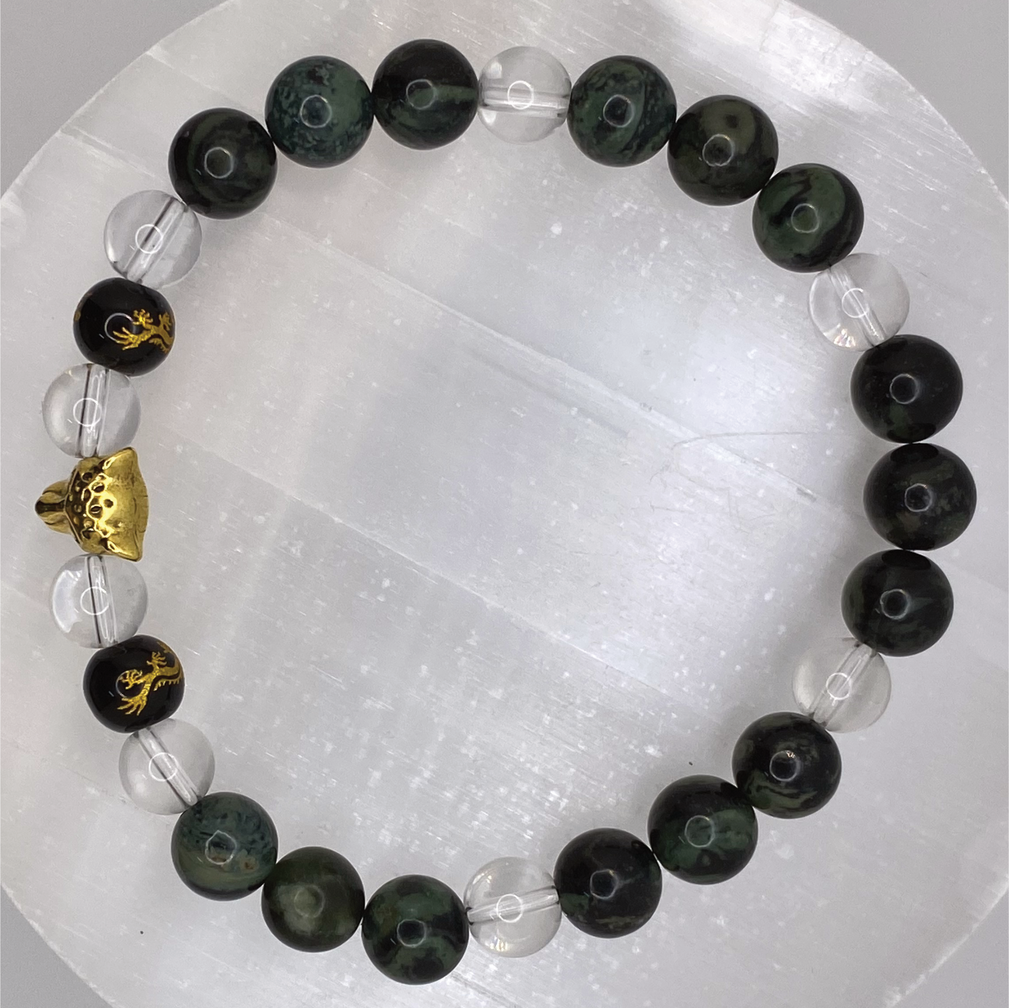 Pulsera de Cuarzo Transparente con Pixiu Negro Kambamba Jasper y Colgante de Pantera