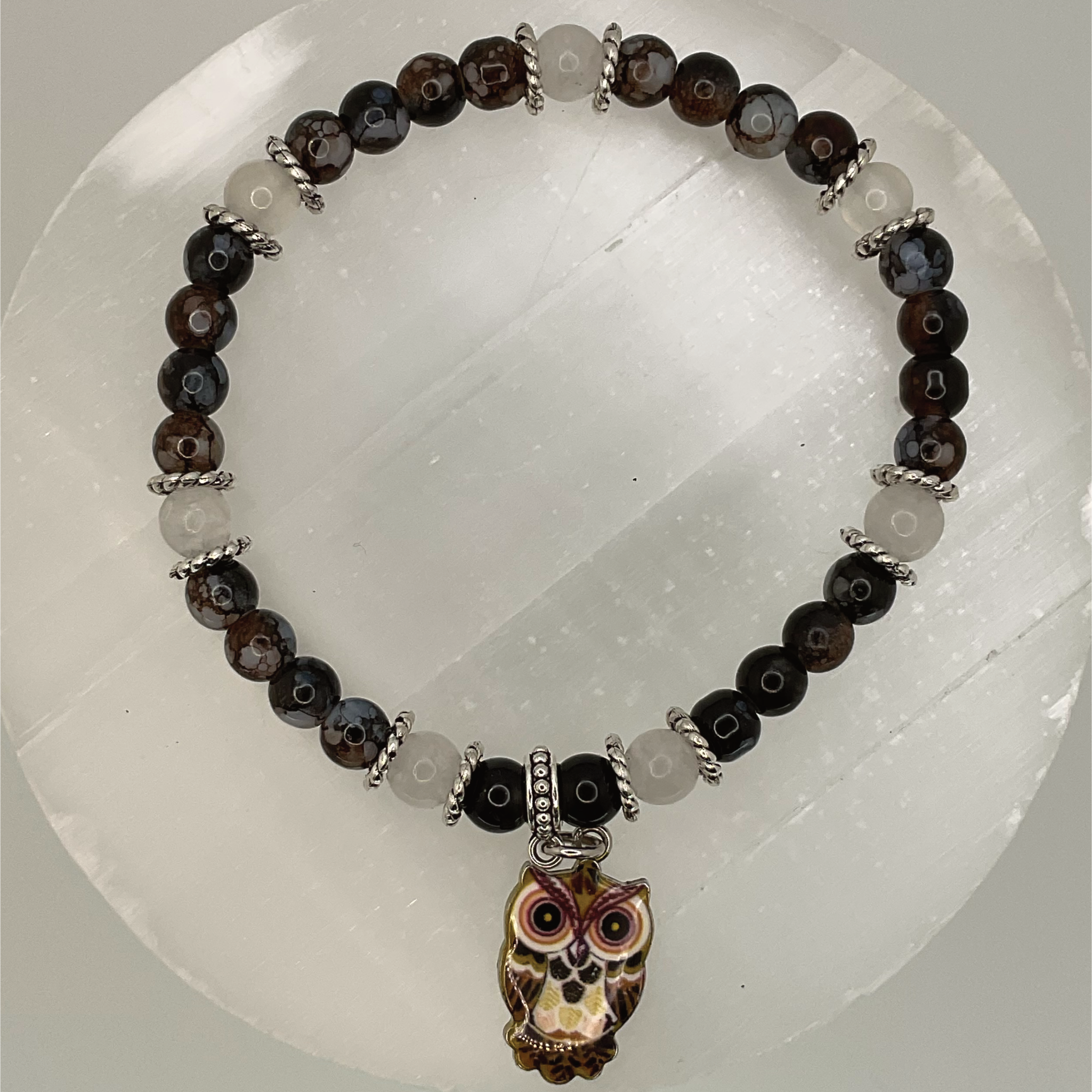 Amethyst Milky Quartz Owl Charm Bracelet with Silver Spacers
