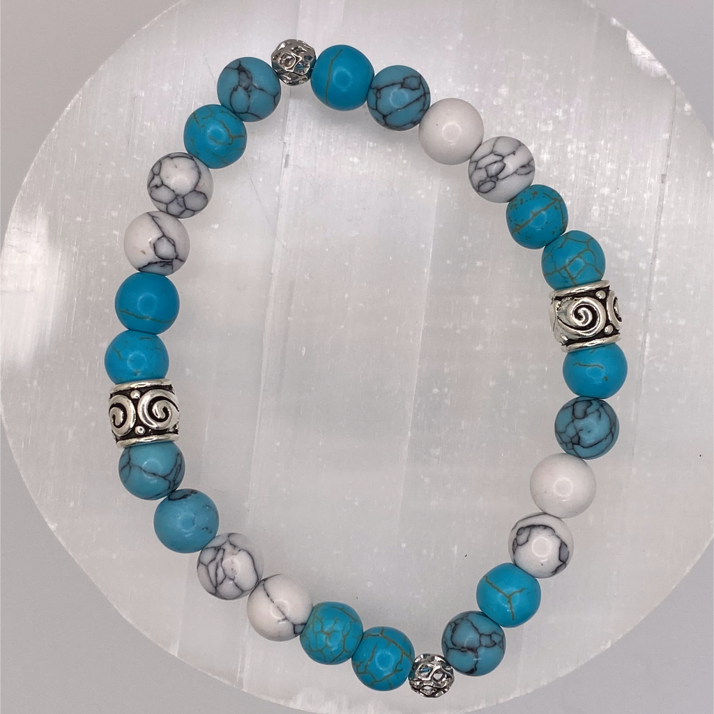 Blue White Howlite Bracelet with Silver Cage and Barrel Spacers