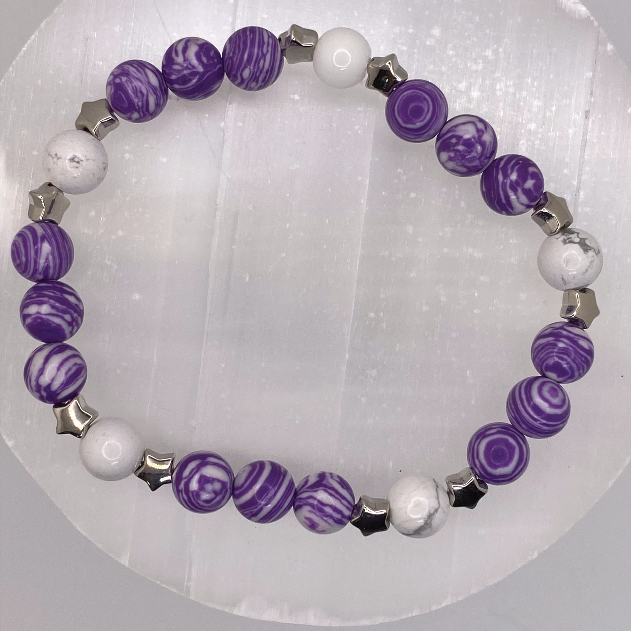 Purple Dragon Vein Milky Quartz Bracelet with Silver Star Spacers