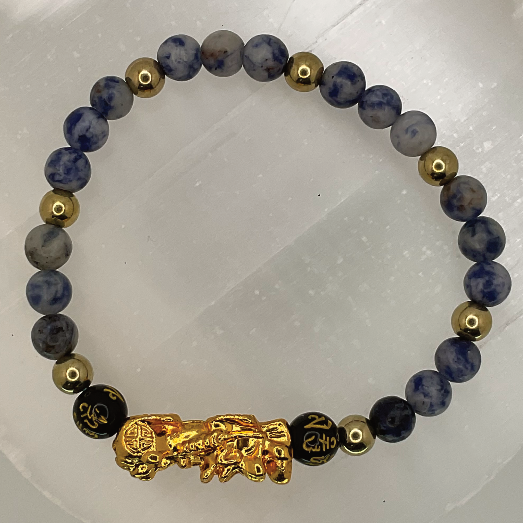 Blue Sodalite Black Pixiu Dragon Charm Bracelet with Gold Spacers