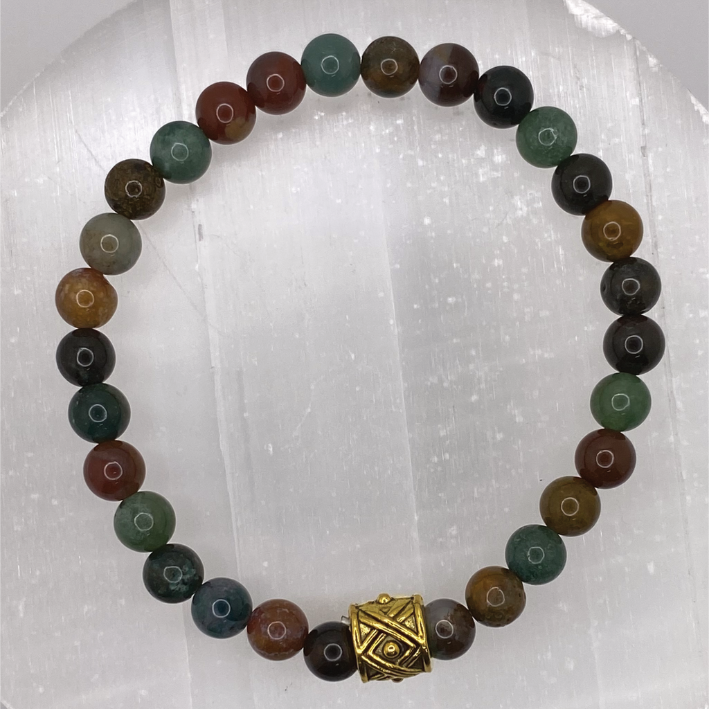 Polychrome Jasper Bracelet with Gold Tone Barrel Spacer