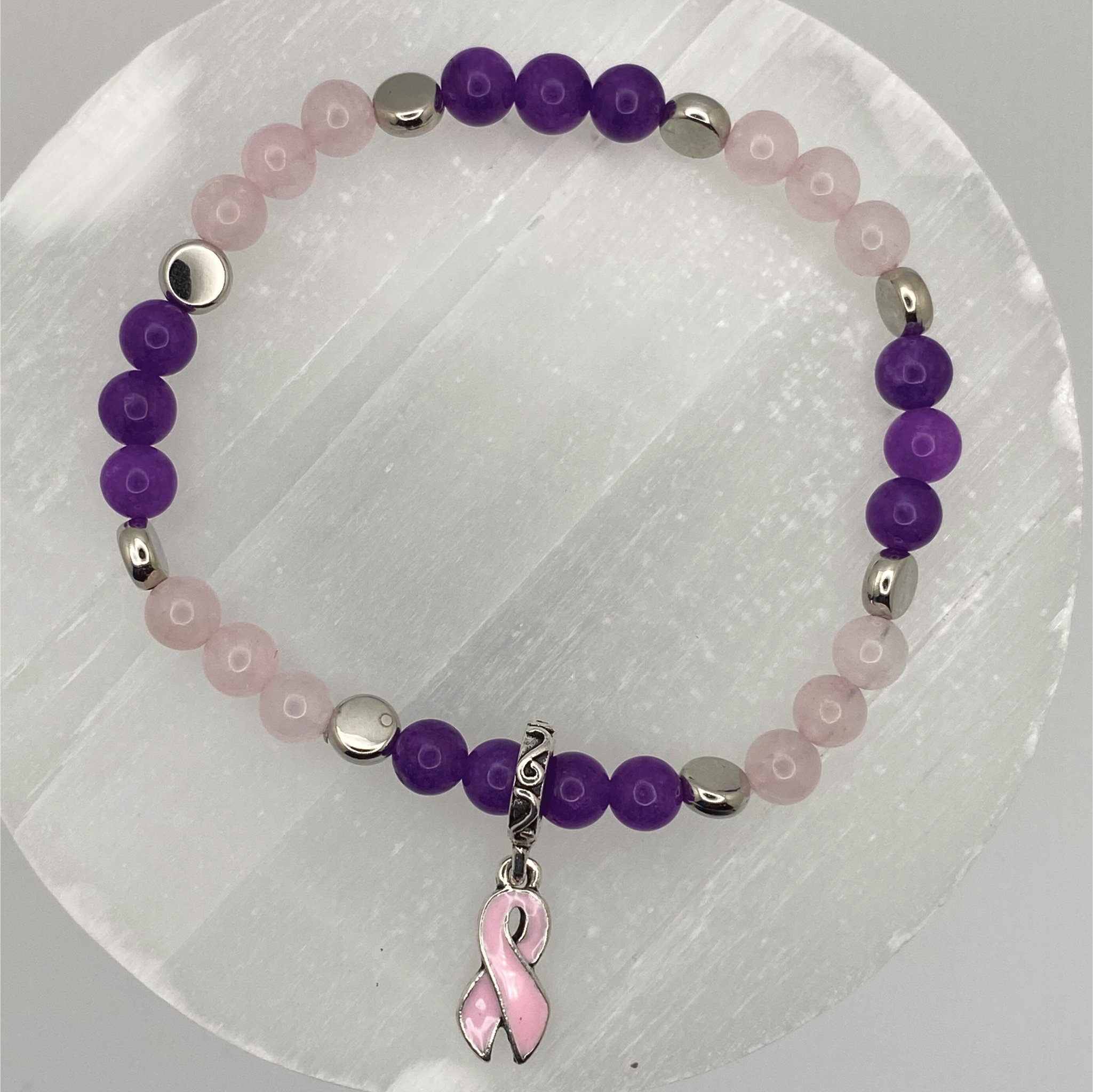 Rose Quartz Amethyst Breast Cancer Ribbon Charm Bracelet with Silver Disc Spacers