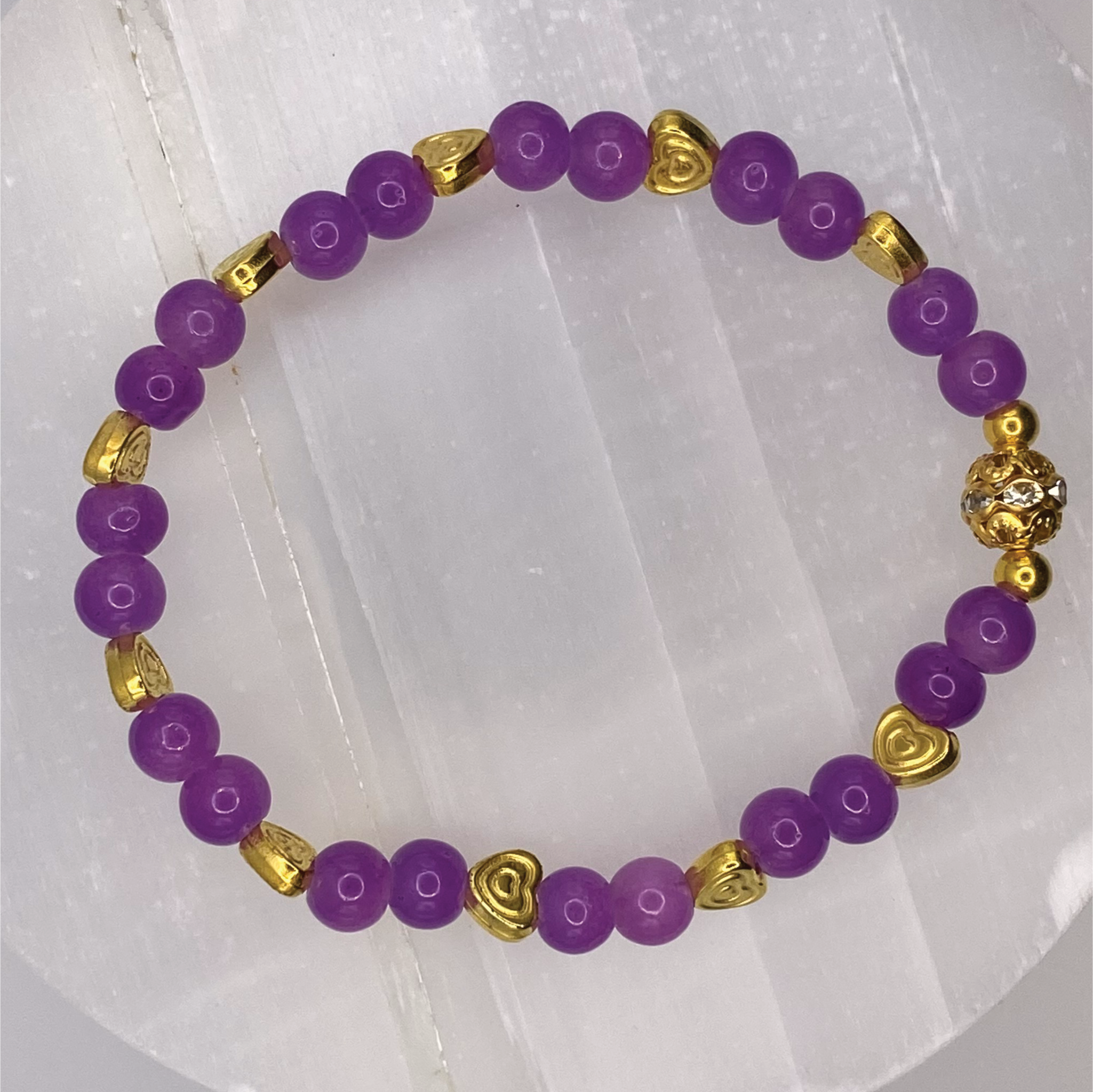 Purple Glass Bracelet with Gold Heart Spacers