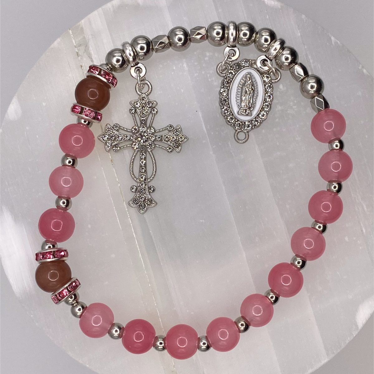 Dark and Light Pink 1 Decade Silver Rosary Bracelet