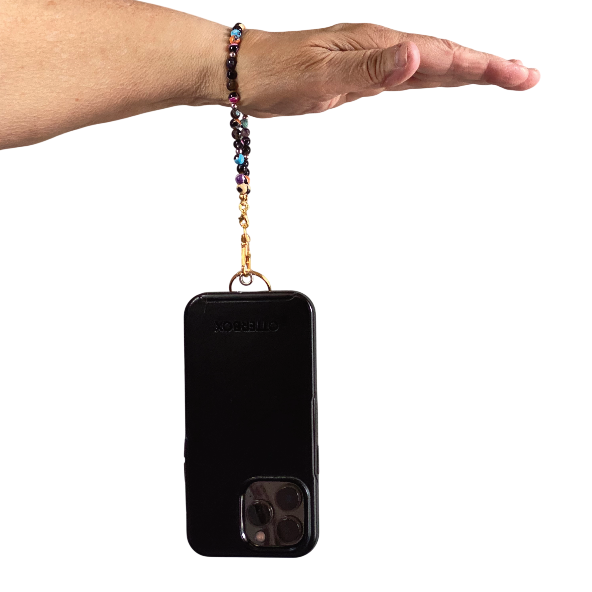 Multicolored Dragon Vein Agate Phone Strap with Tiny Silver Spacers