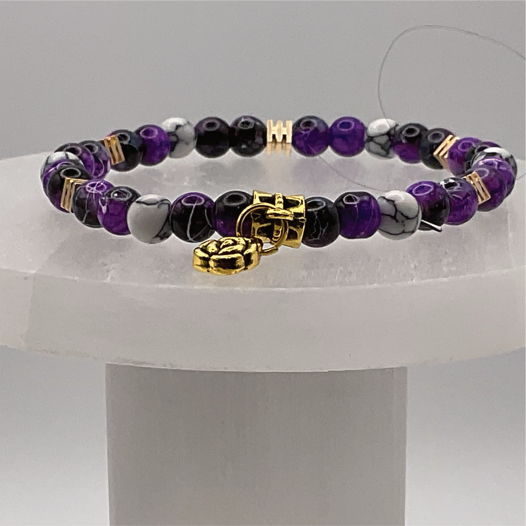 Purple Dragon Agate Magnesite Blossom Charm Bracelet with Gold Tone Spacers