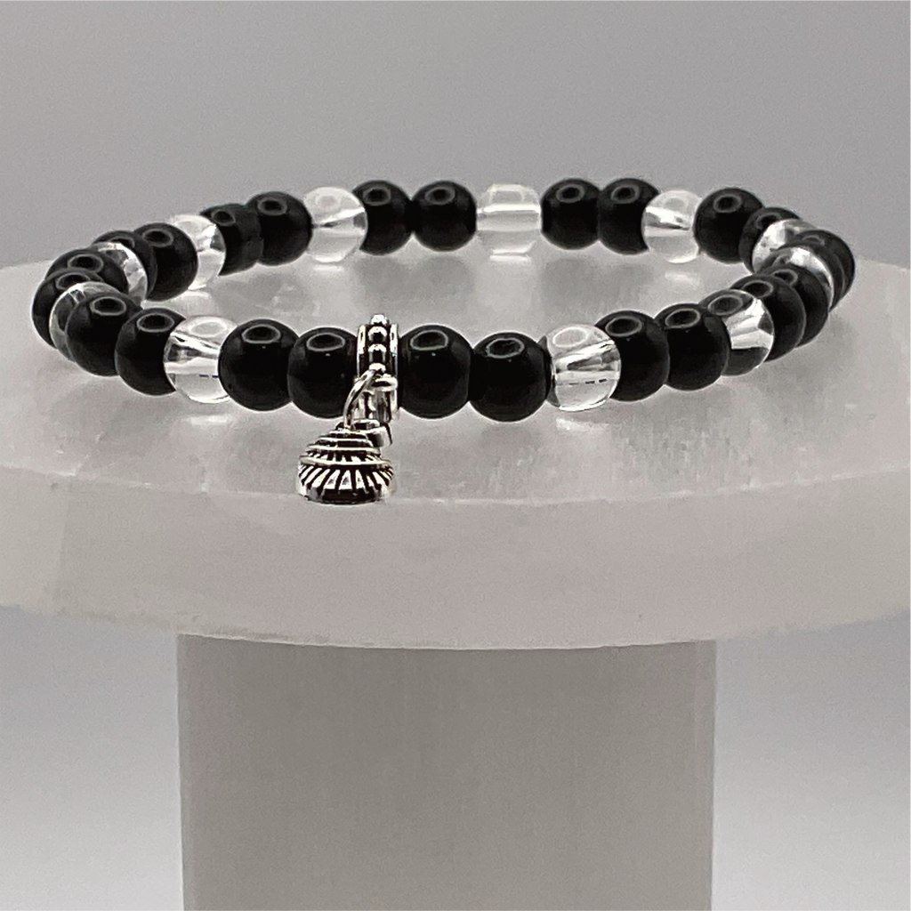 Black Agate Clear Quartz Feather Charm Bracelet