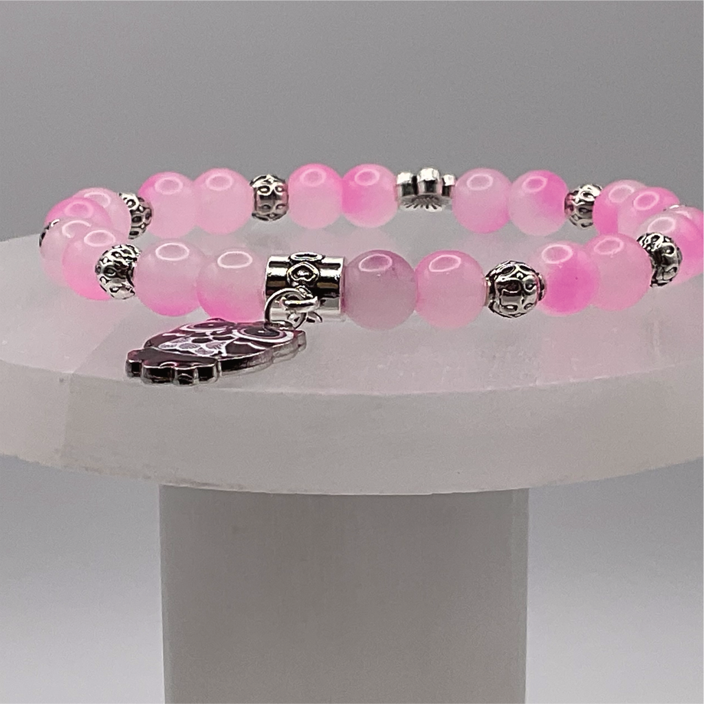 Pink Dragon Agate Owl Charm Bracelet with Silver Tone Spacers