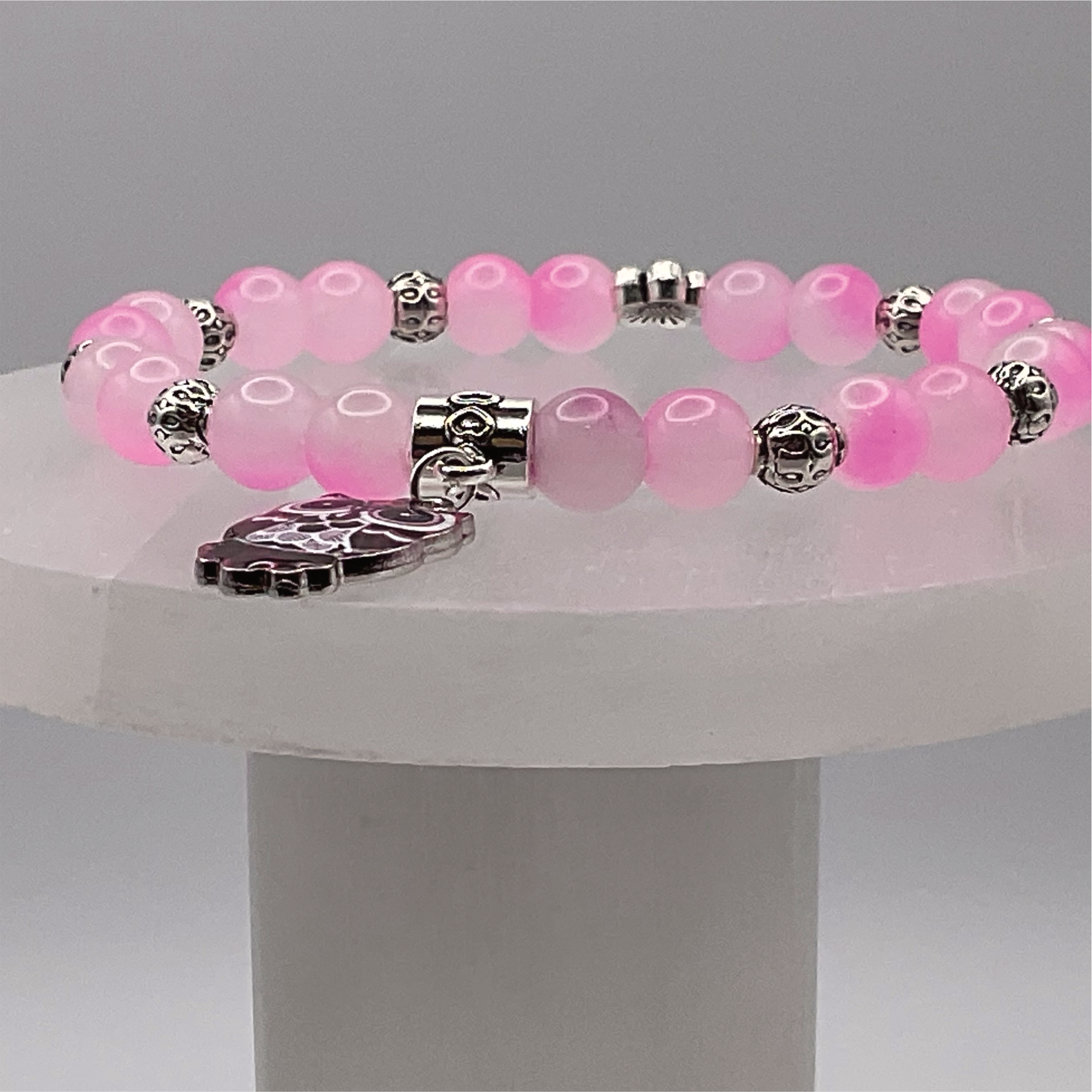 Pink Dragon Agate Owl Charm Bracelet with Silver Tone Spacers