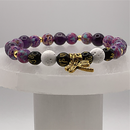 Amethyst Blue Purple Dragon Vein Agate Magnesite Pixiu Dragonfly Charm Bracelet