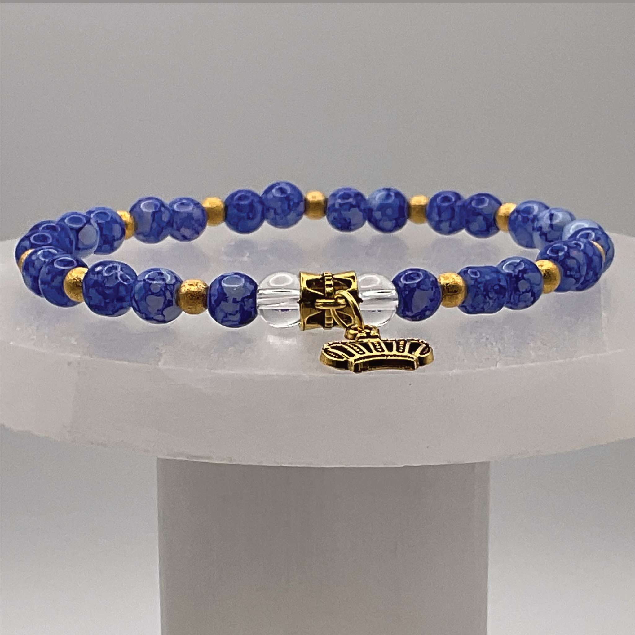 Blue Agate Clear Quartz Crown Charm with Gold Tone Spacers