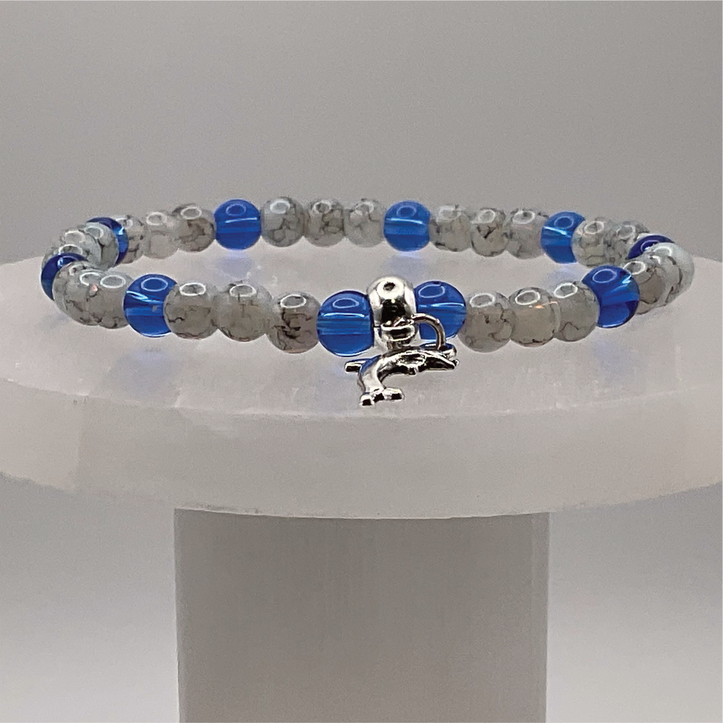 Blue Sea Glass Opalite Dolphin Charm Bracelet