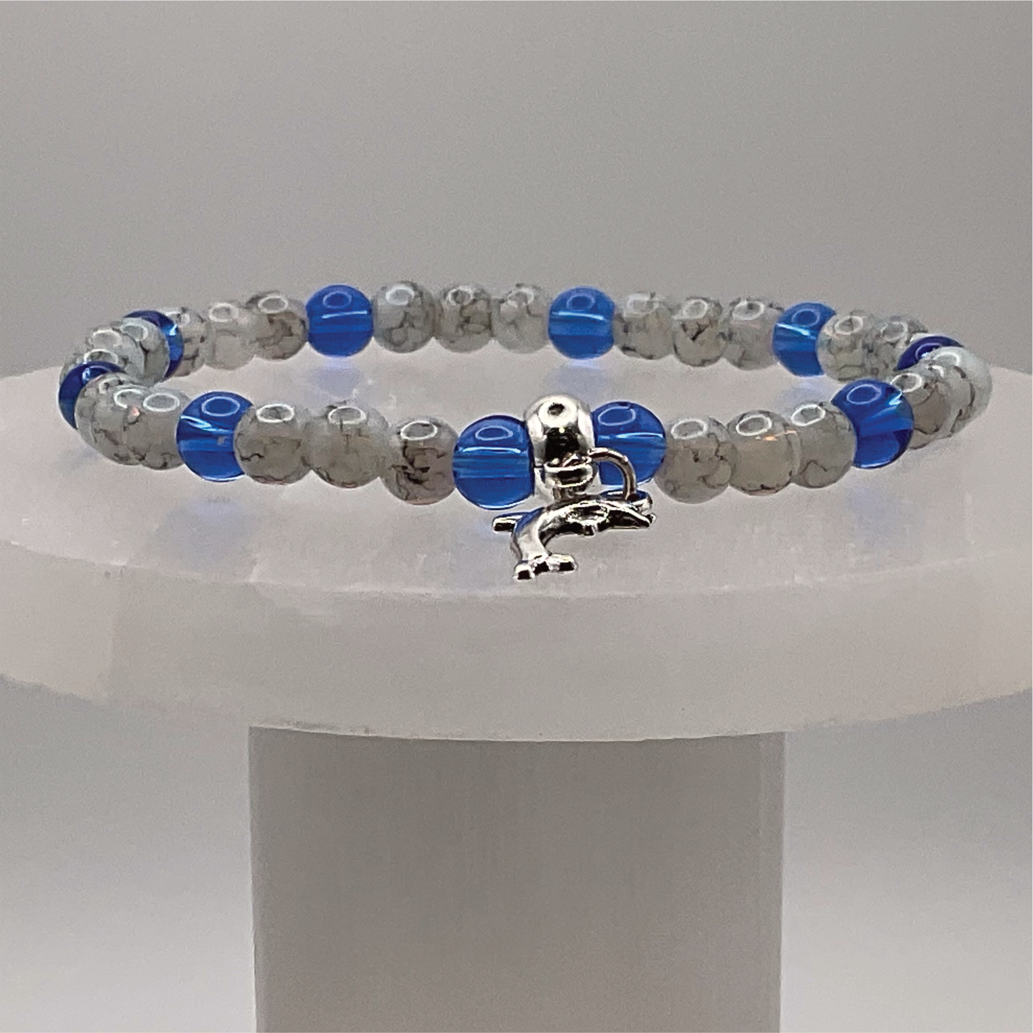 Blue Sea Glass Opalite Dolphin Charm Bracelet