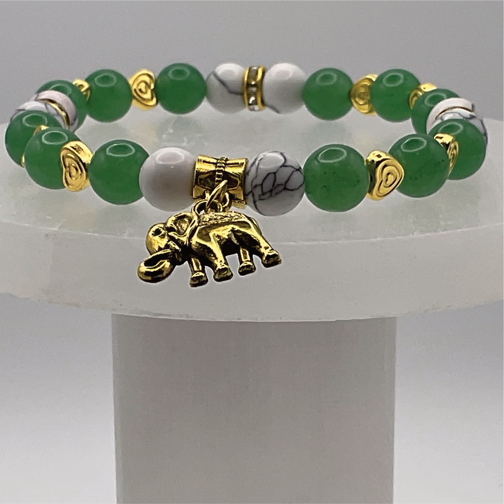 Green Chalcedony Magnesite Elephant Charm Bracelet with Gold Tone Heart Spacers