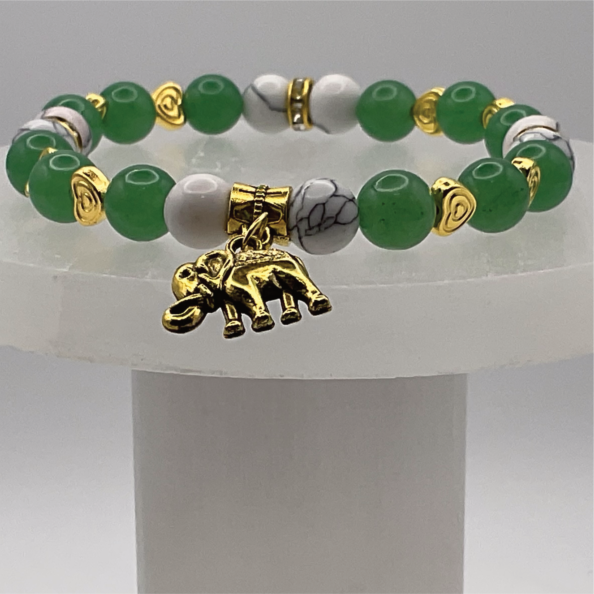 Green Chalcedony Magnesite Elephant Charm Bracelet with Gold Tone Heart Spacers