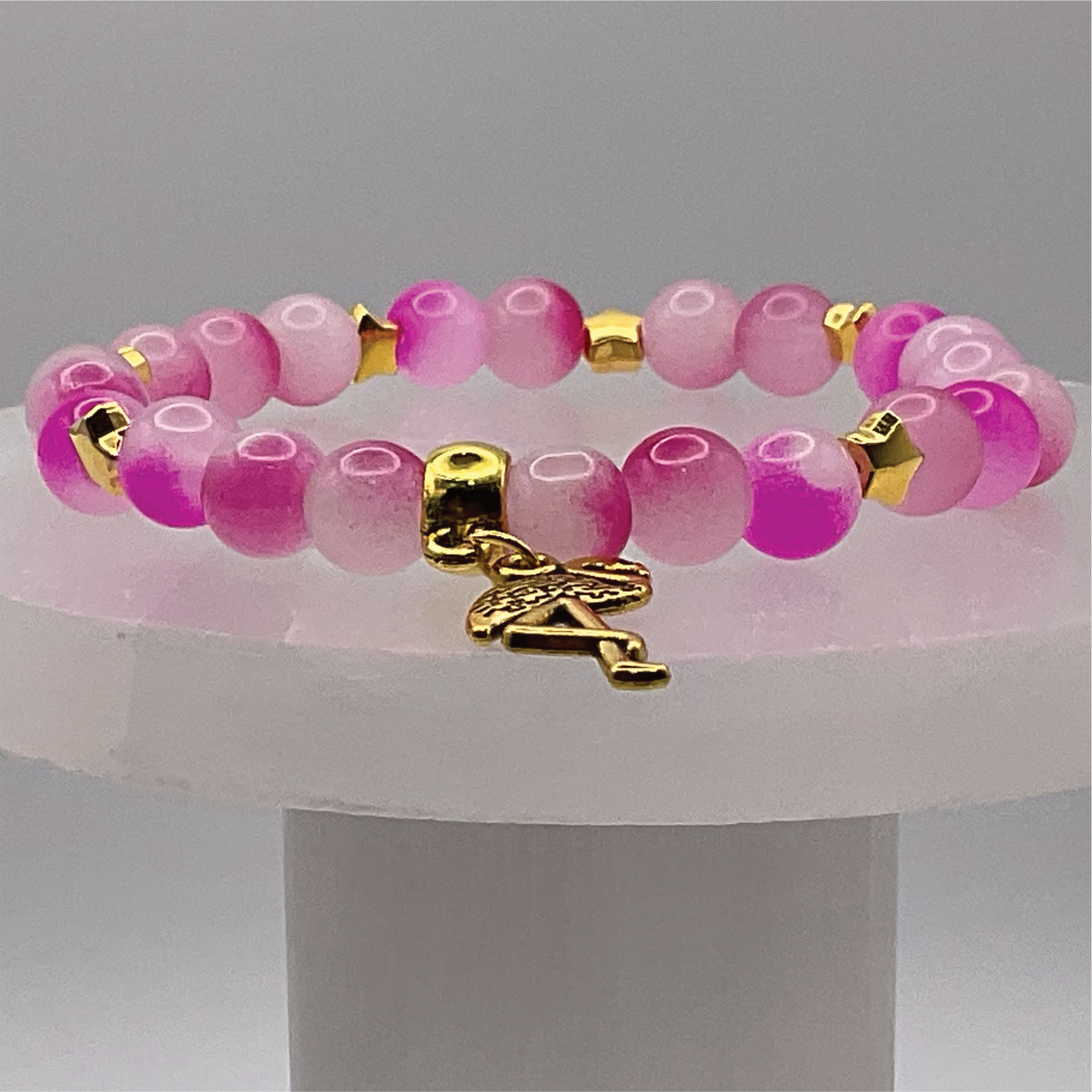 Pink Dragonvein Agate Flamingo Charm Bracelet with Gold Tone Spacers