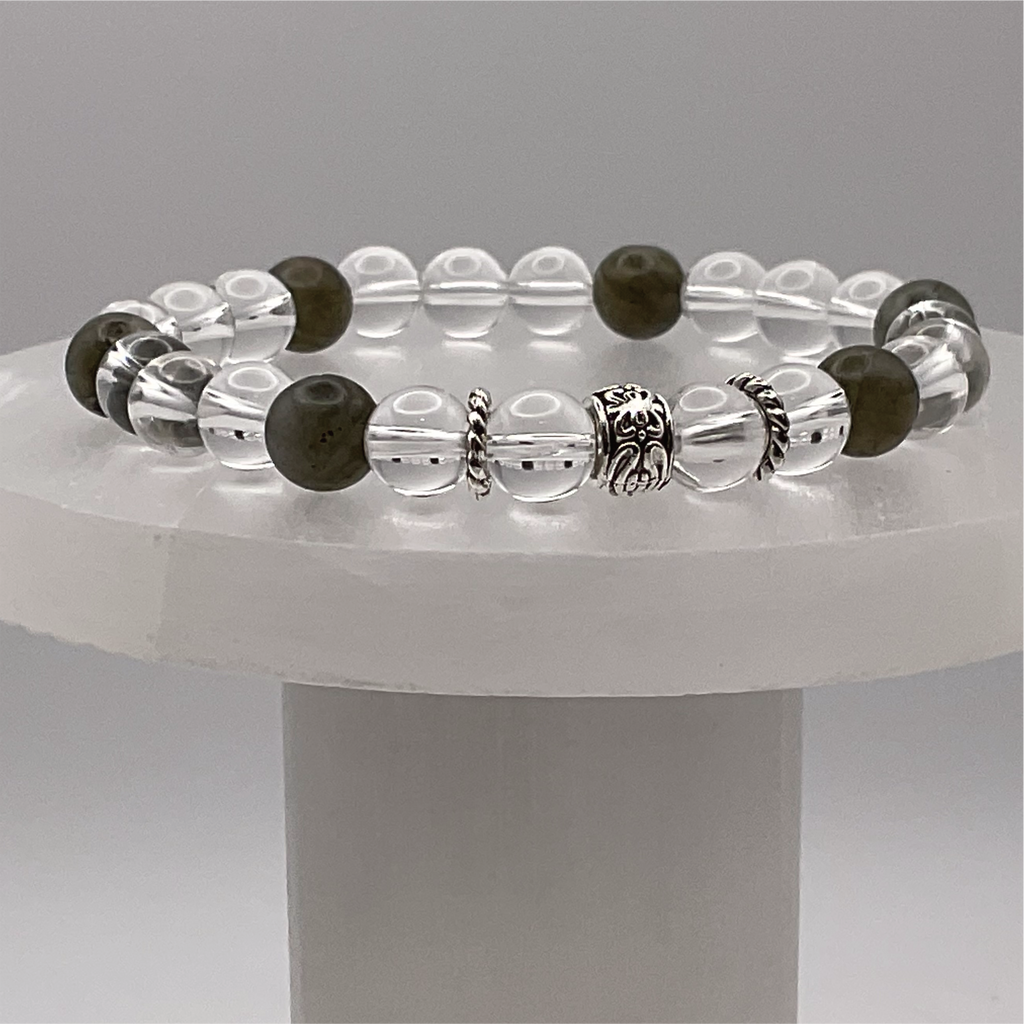 Clear Quartz Green Jasper Bracelet with Silver Tone Spacers
