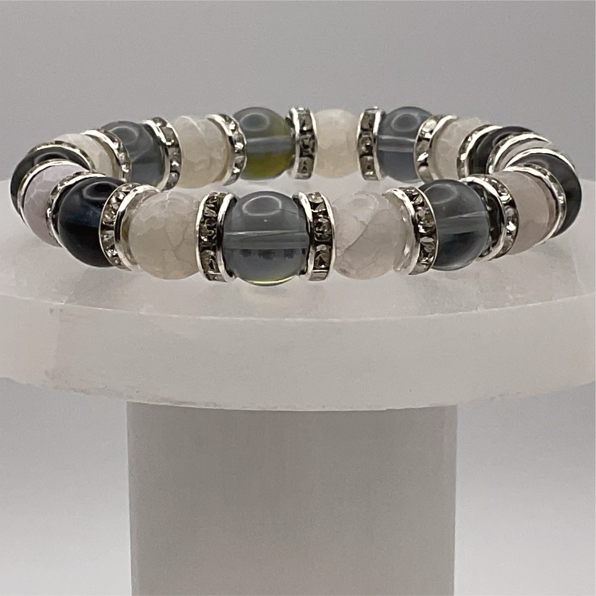Blue Obsidian Dragon Vein Bracelet with Silver Tone Spacers