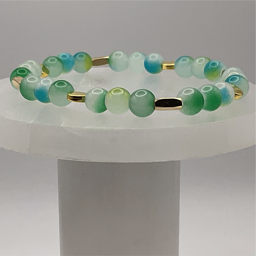 Teal Green Dragon Vein Agate Bracelet with Gold Tone Spacers