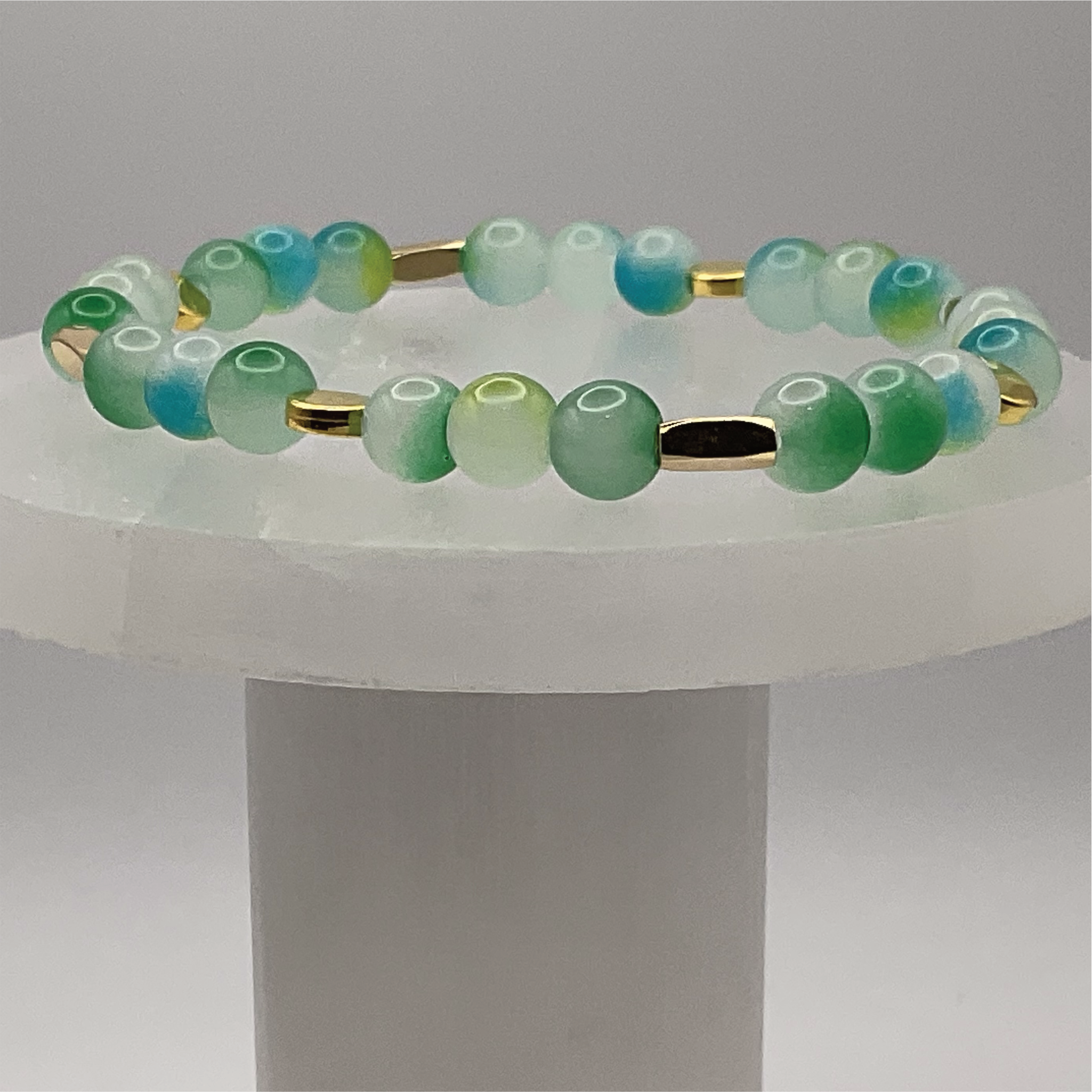 Teal Green Dragon Vein Agate Bracelet with Gold Tone Spacers