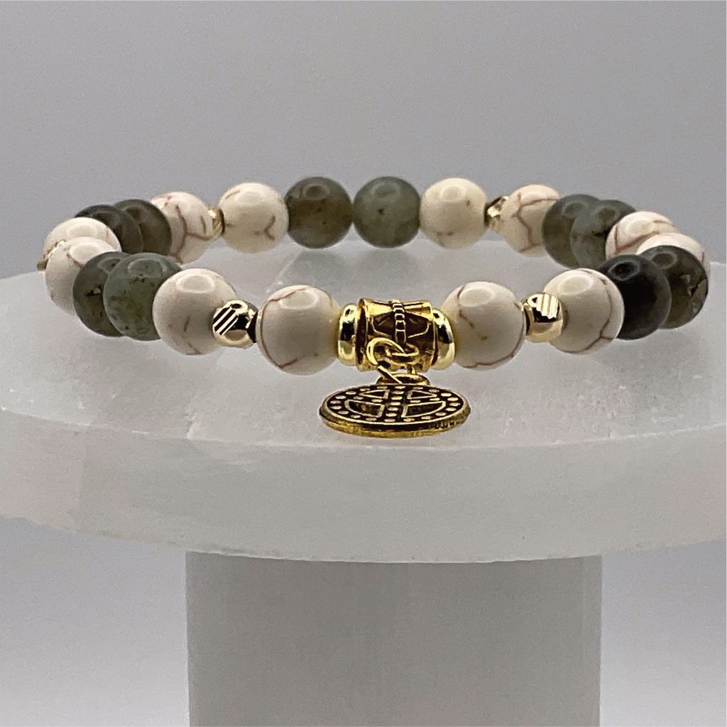 Labradorite Magnesite Peace Charm Bracelet with Gold Tone Spacers