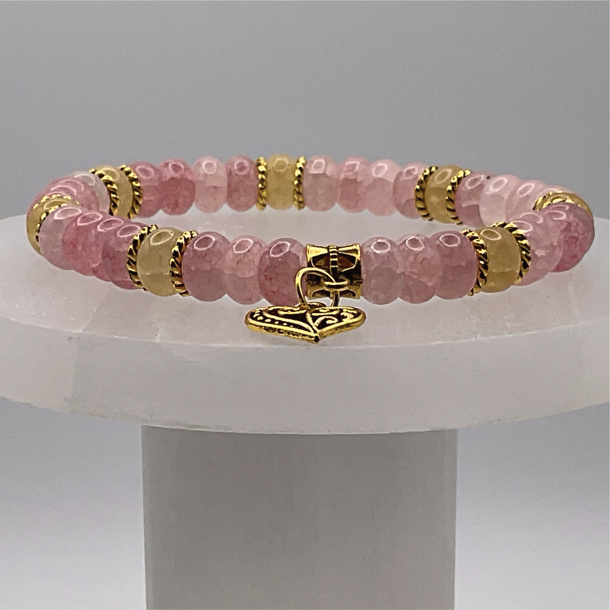 Pink Yellow Tourmaline Heart Charm Bracelet with Gold Tone Spacers