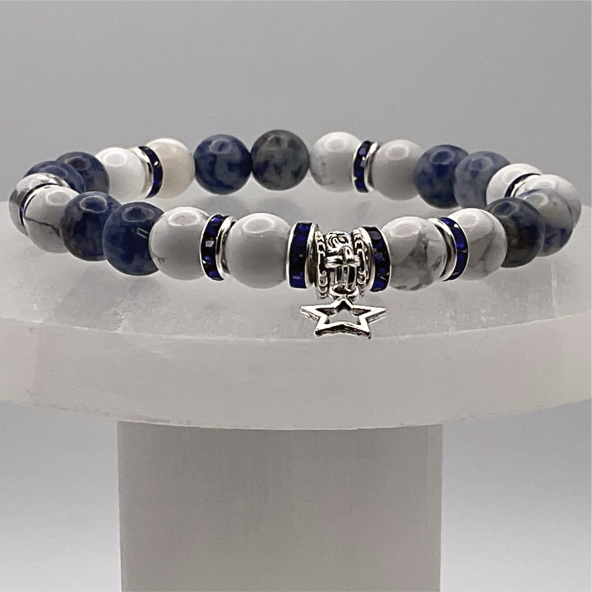 Magnesite Sodalite Star Charm Bracelet with Silver Tone Blue Crystal Spacers