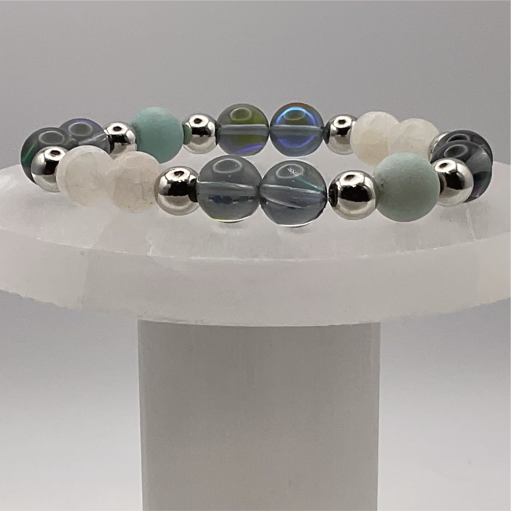 Blue Obsidian Dragon Vein Bracelet with Silver Tone Spacers