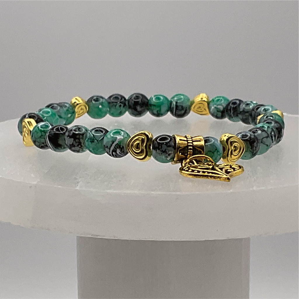 Green Dragonvein Agate Heart Charm with Gold Tone Heart Spacers
