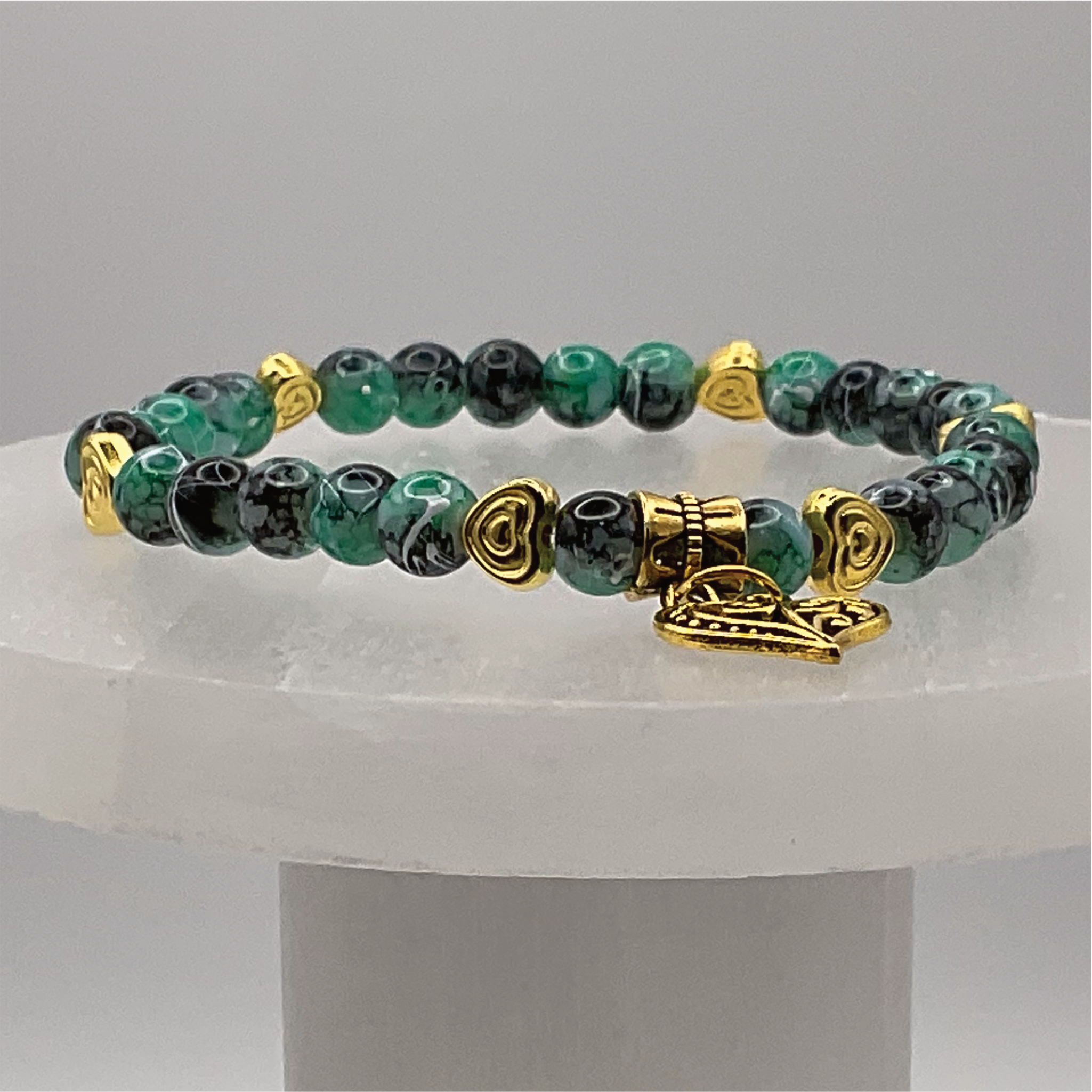 Green Dragonvein Agate Heart Charm with Gold Tone Heart Spacers