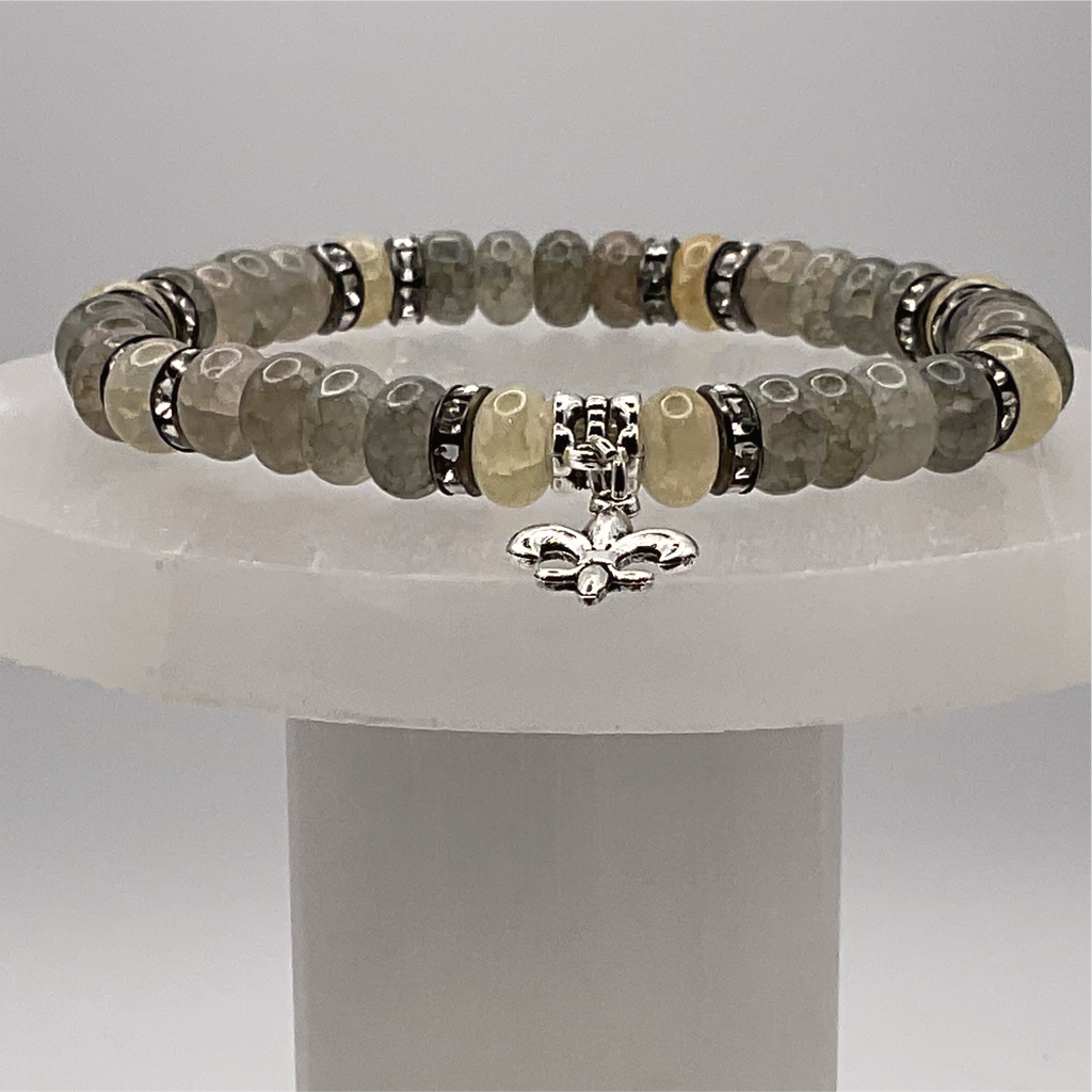 Aquamarine Beryl Grey Fleur'd'lis Charm Bracelet with Silver Tone Black Spacers