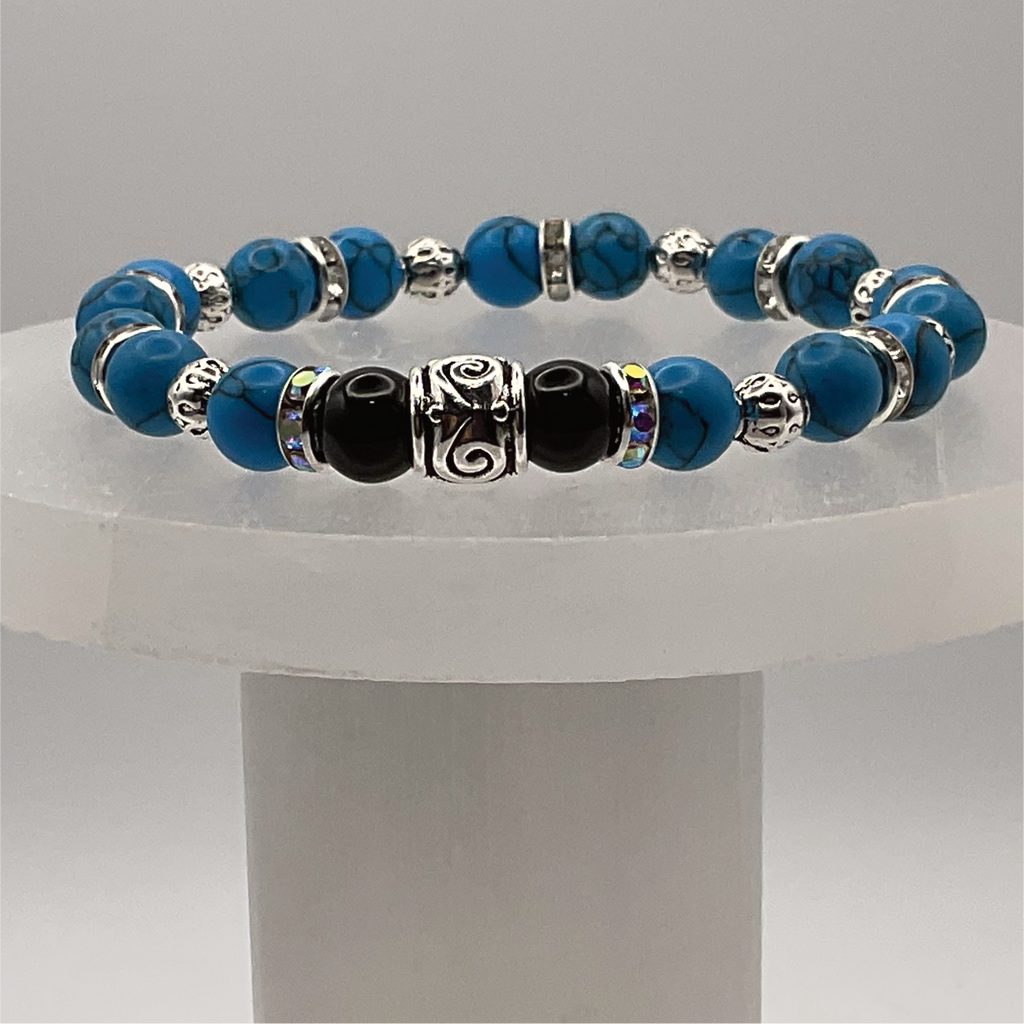 Blue Howlite Black Agate with Silver Tone Spacers