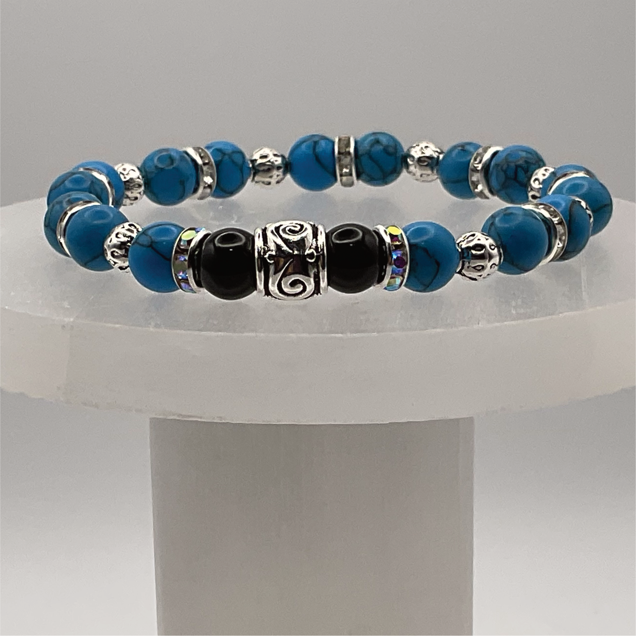 Blue Howlite Black Agate with Silver Tone Spacers