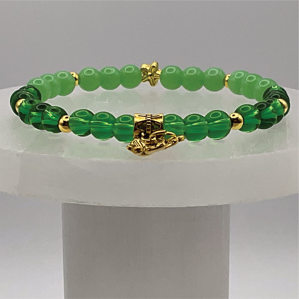 Green Chalcedony Green Sea Glass Clover Charm Bracelet with Gold Tone Spacers