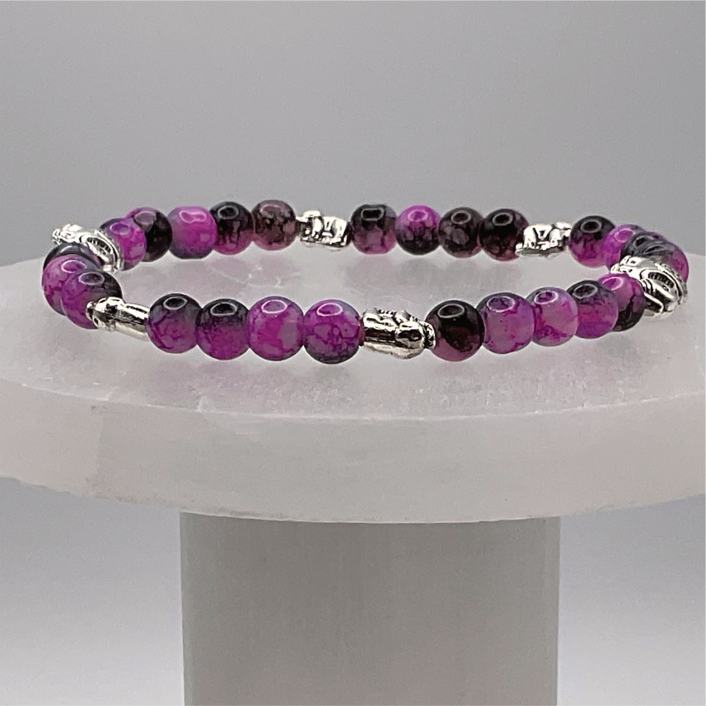 Purple Dragon Vein Agate Silver Elephants Charm Bracelet