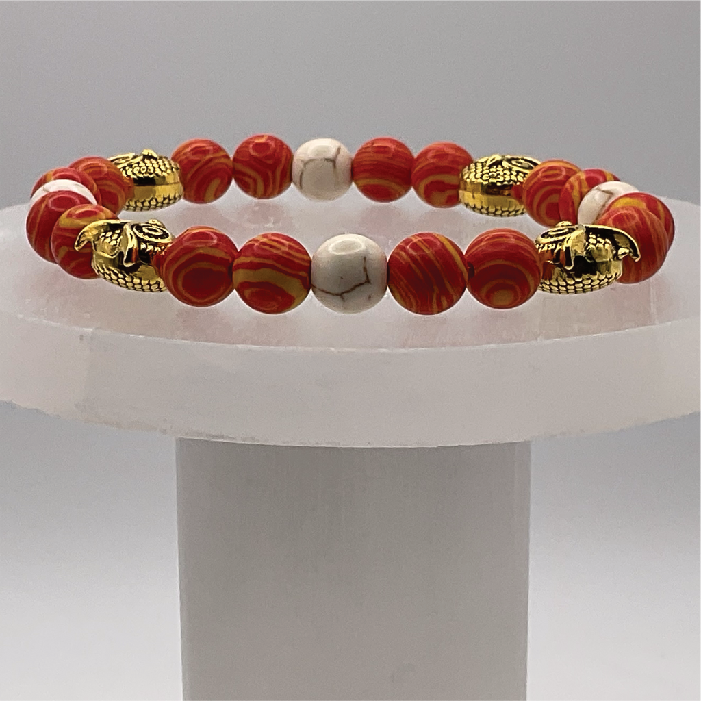 Orange-Yellow Sea Glass Magnesite Owls Charm Bracelet