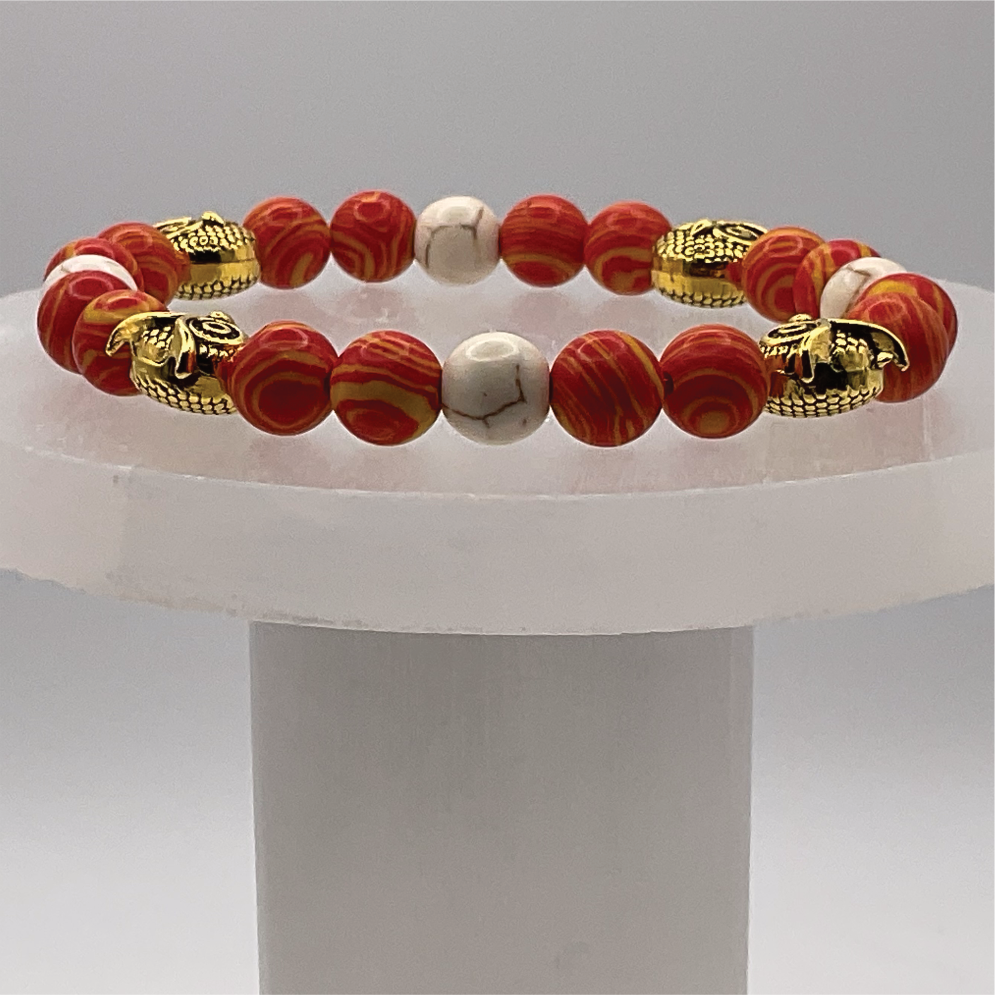 Orange-Yellow Sea Glass Magnesite Owls Charm Bracelet