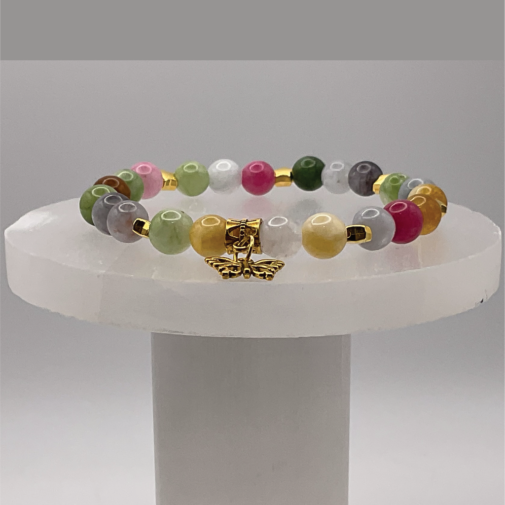 Multi-colored Tourmaline Butterfly Charm Bracelet w/ Gold Tone Spacers