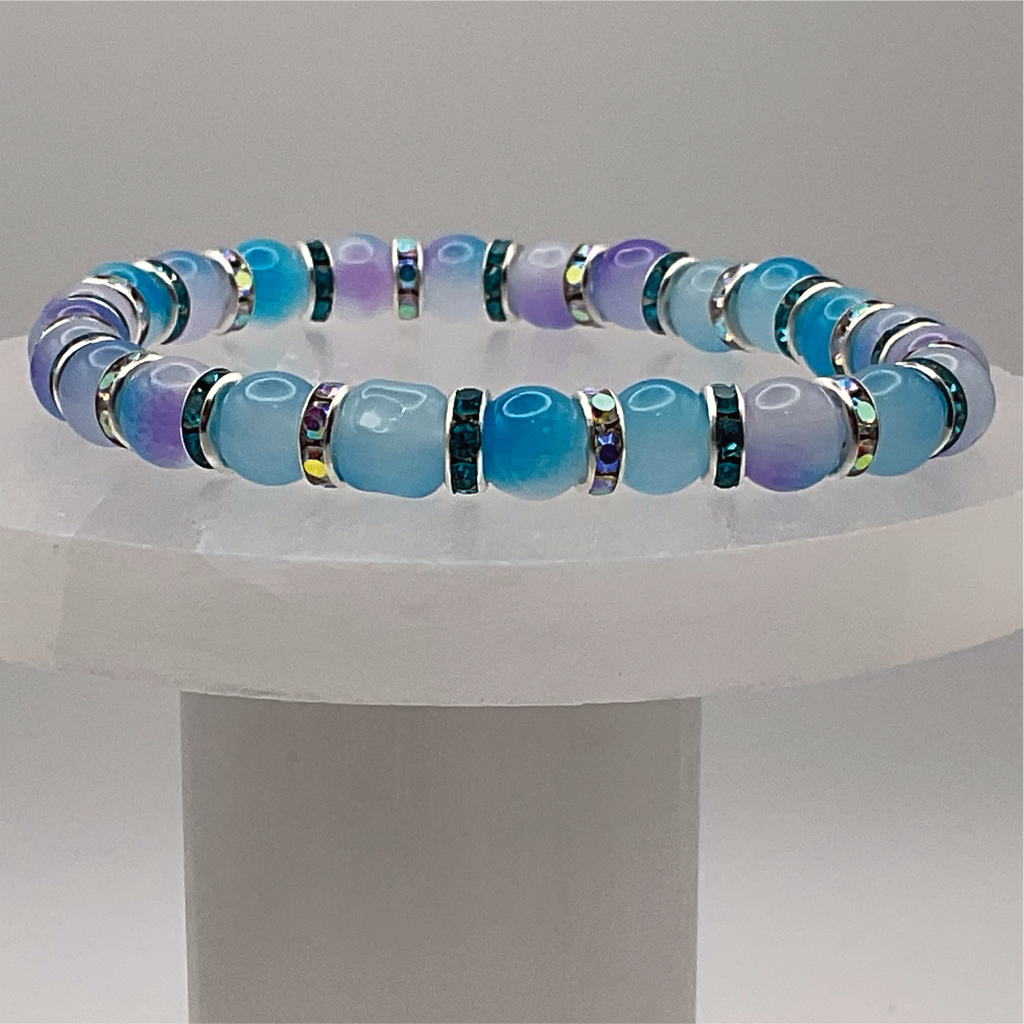 Blue Dragon Vein Agate Bracelet with Silver Tone Crystal Spacers