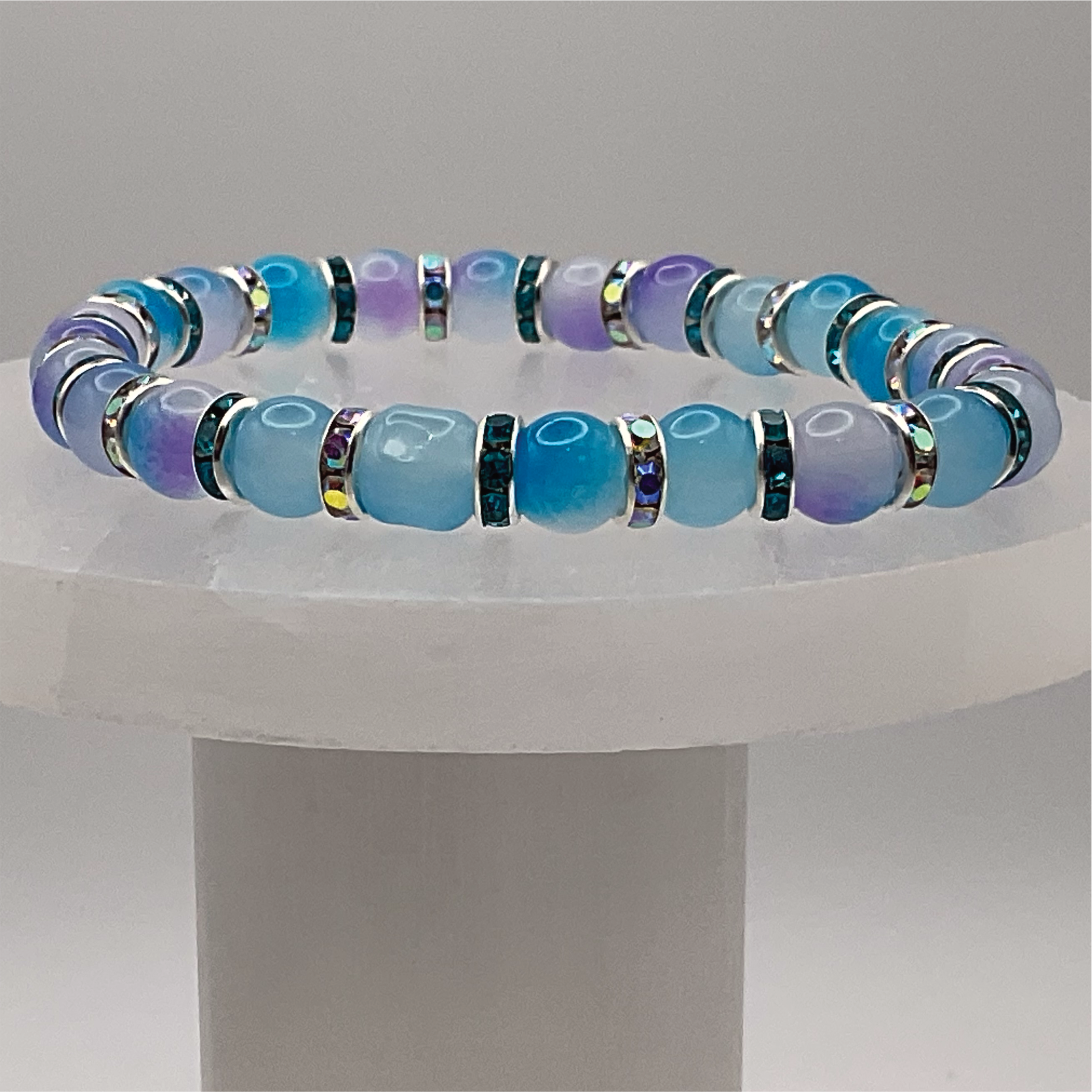 Blue Dragon Vein Agate Bracelet with Silver Tone Crystal Spacers